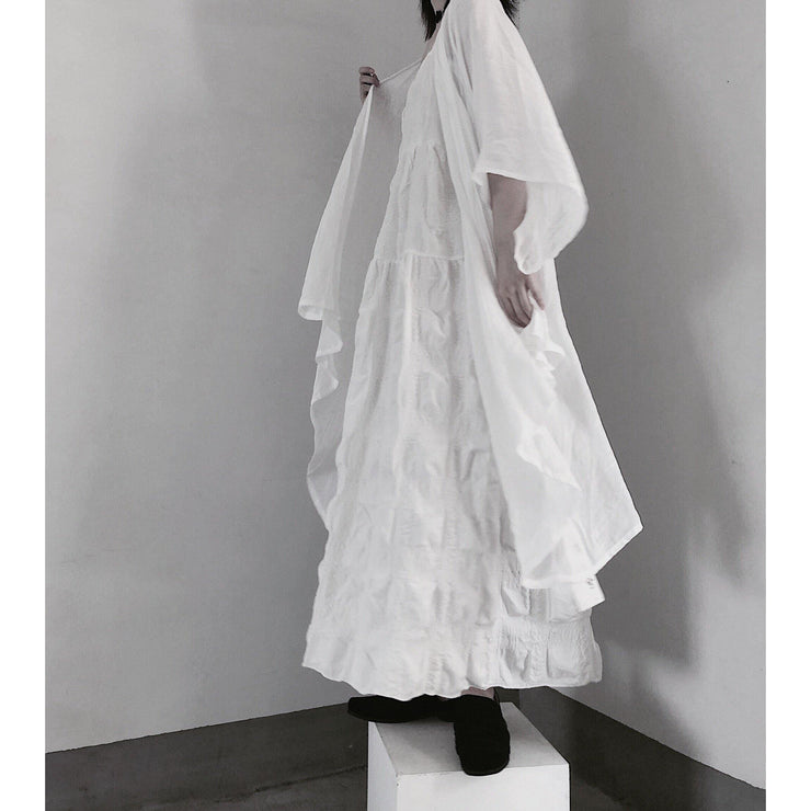 Handmade Spaghetti Strap Wrinkled Dresses Fabrics White Art Dress - SooLinen