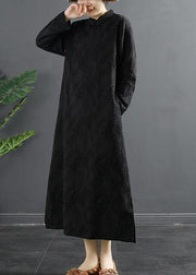 Handmade Stand Collar Quilting Dresses Shape Black Jacquard Traveling Dress - SooLinen