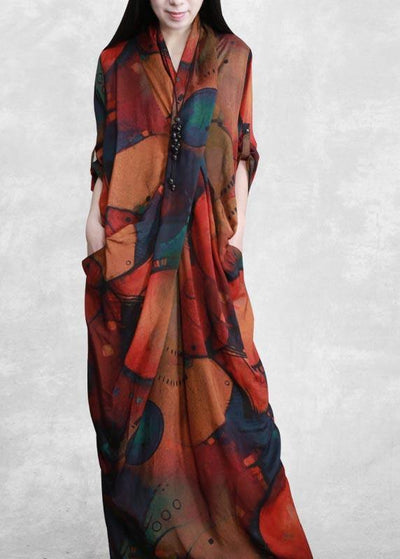 Handmade V Neck SpringC lothes Women Tutorials Print Robes Dress - SooLinen