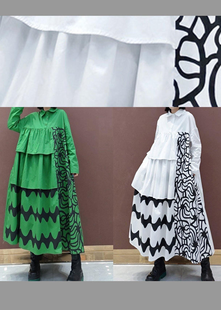 Handmade White Print Quilting Clothes Lapel Asymmetric Loose Spring Dresses - SooLinen