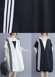 Handmade White hooded zippered Cotton Summer Mid Dress - SooLinen