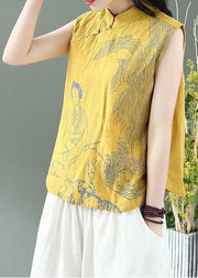 Handmade Yellow Mandarin Collar Linen Blouses top Sleeveless