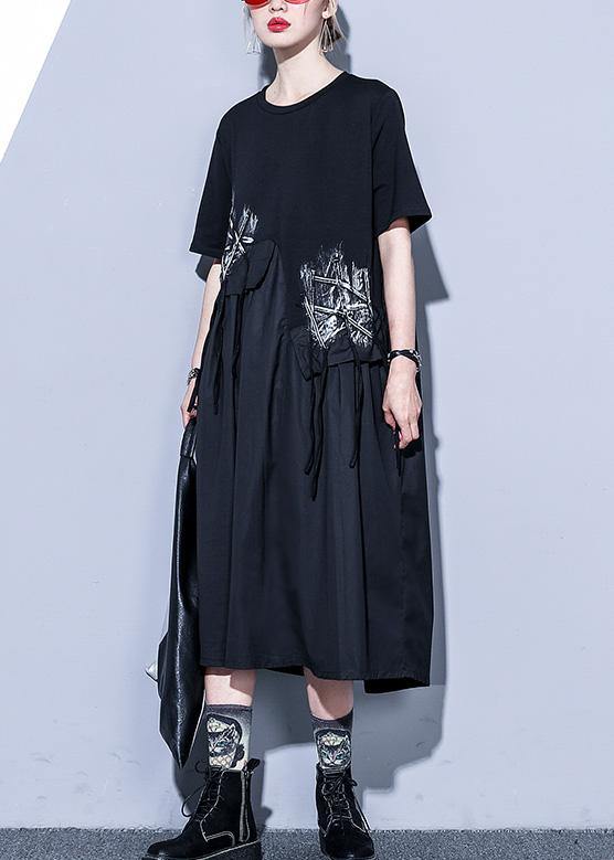 Handmade black Cotton o neck asymmetric Midi summer Dress - SooLinen