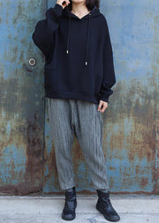 Handmade black cotton Blouse patchwork Art hooded shirts - SooLinen