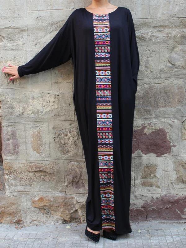 Handmade black cotton Tunics patchwork o neck Robe Dresses - SooLinen