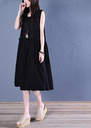 Handmade black linen clothes o neck patchwork shift summer Dresses - SooLinen