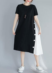 Handmade black patchwork white clothes For Women o neck A Line Dresses - SooLinen