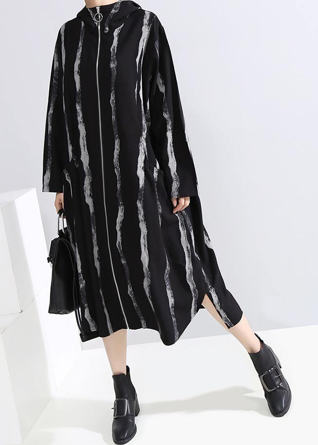 Handmade black striped Fine Long coats Cotton zippered hooded outwears - SooLinen