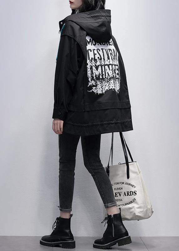 Handmade black  tunics for women design hooded Letter coats - SooLinen