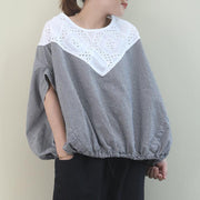 Handmade black white plaid cotton linen tops women Outfits o neck Batwing Sleeve shirt - SooLinen