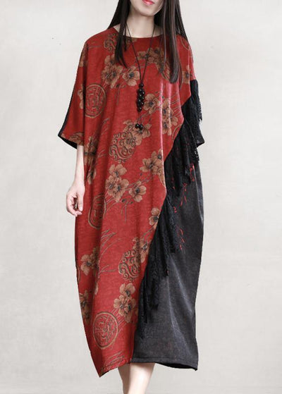 Handmade burgundy clothes o neck patchwork loose Dress - SooLinen