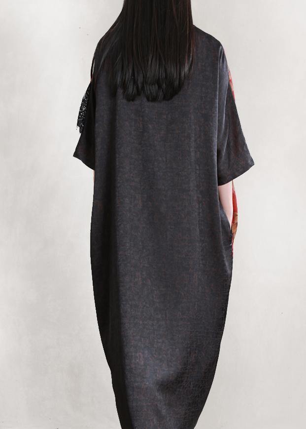 Handmade burgundy clothes o neck patchwork loose Dress - SooLinen