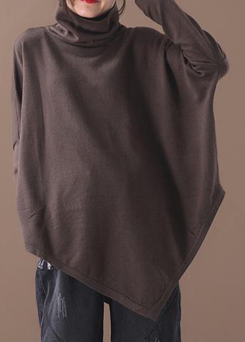 Handmade chocolate cotton tunics for women asymmetric hem short high neck blouse - SooLinen