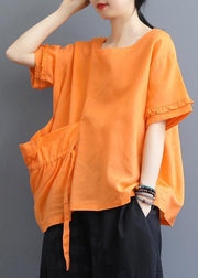 Handmade cotton clothes fine Single Big Pocket Lacing Solid Color T-Shirt - SooLinen