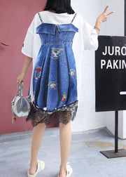 Handmade false two pieces Cotton clothes Women Fashion Ideas white print Dress summer - SooLinen