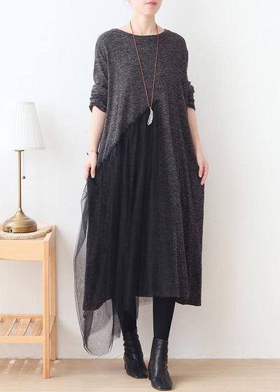 Handmade gray patchwork tulle clothes For Women o neck Dresses - SooLinen