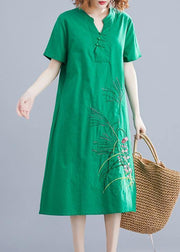 Handmade green embroidery linen Robes Chinese Button cotton summer Dresses - SooLinen