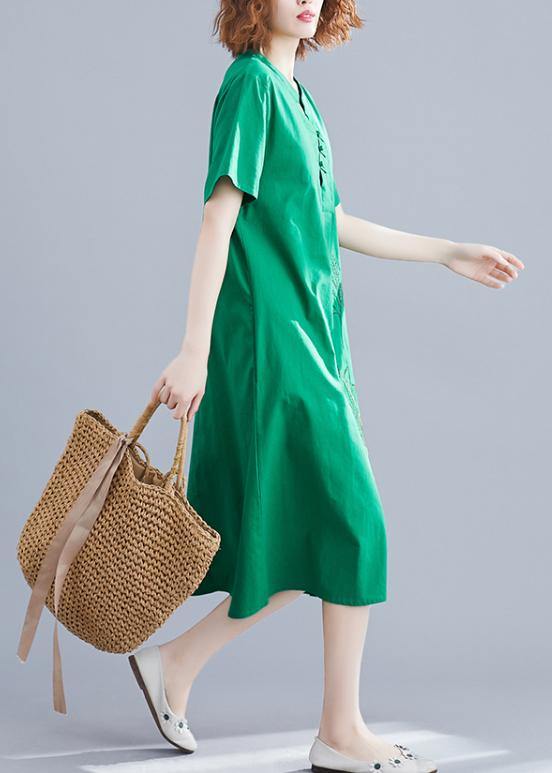 Handmade green embroidery linen Robes Chinese Button cotton summer Dresses - SooLinen