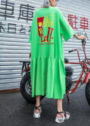 Handmade green print cotton Wardrobes o neck pockets long summer Dress - SooLinen