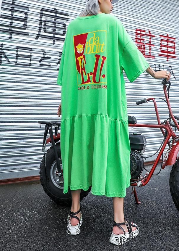 Handmade green print cotton Wardrobes o neck pockets long summer Dress - SooLinen