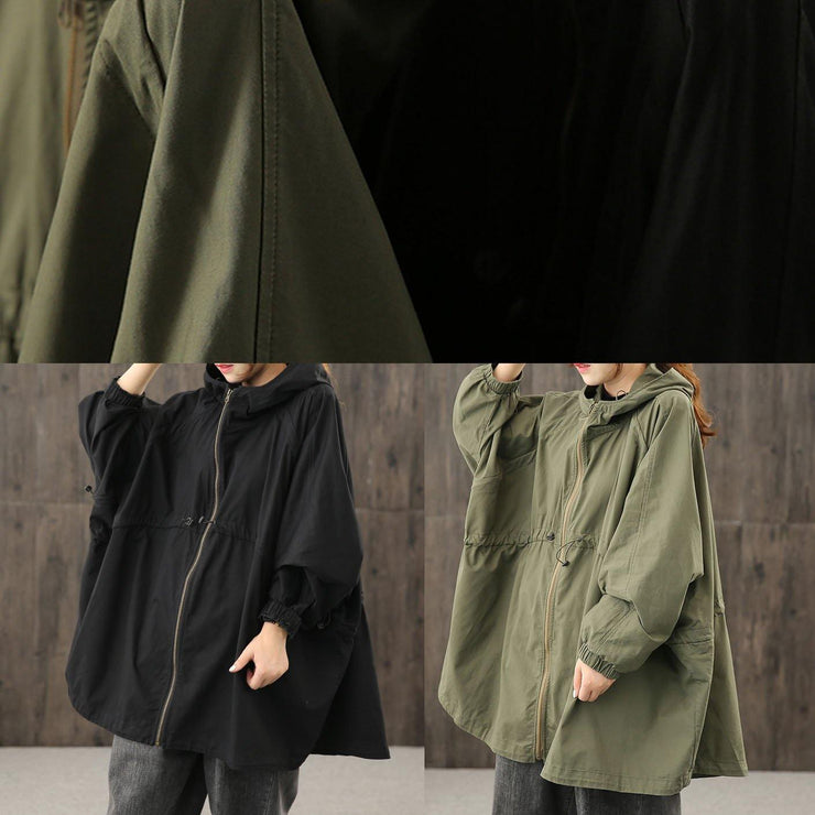 Handmade hooded zippered tops women blouses Work black shirt - SooLinen