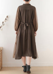 Handmade lapel patchwork tulle clothes Catwalk chocolate robes Dresses - SooLinen