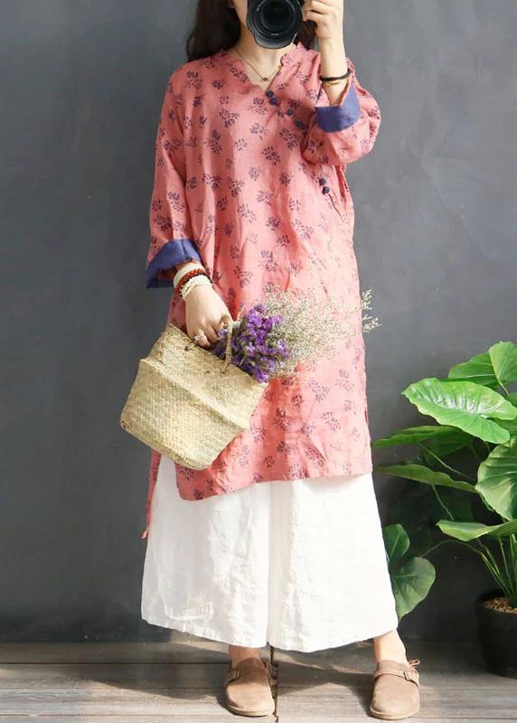 Handmade linen Robes Organic Retro Plant Print V-Neck Loose Ramie Blouse - SooLinen