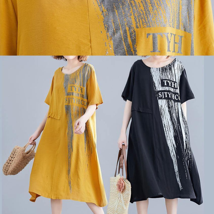 Handmade o neck pockets cotton dresses black print Maxi Dresses summer - SooLinen