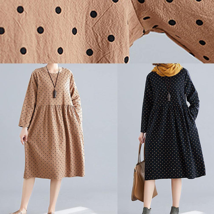 Handmade o neck Cinched Cotton spring Tunics pattern black dotted Dress - SooLinen