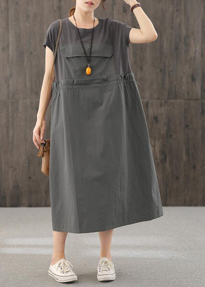 Handmade o neck Cinched quilting clothes Inspiration dark gray Maxi Dress - SooLinen