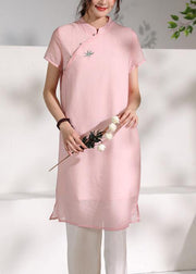 Handmade pink stand collar embroidery Dress - SooLinen