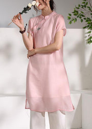 Handmade pink stand collar embroidery Dress - SooLinen