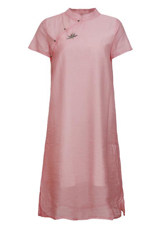 Handmade pink stand collar embroidery Dress - SooLinen