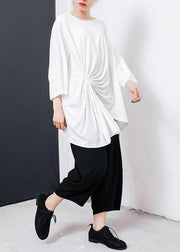 Handmade red cotton blouses for women Boho Irregular Design Pleated Solid Color T-Shirt - SooLinen