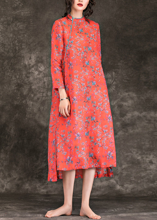 Handgefertigte, seitlich offene Leinenkleidung mit Stehkragen in Übergröße Modeideen, rotes Sommerkleid mit Aufdruck
