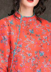Handgefertigte, seitlich offene Leinenkleidung mit Stehkragen in Übergröße Modeideen, rotes Sommerkleid mit Aufdruck