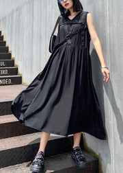 Handmade v neck sleeveless summer clothes For Women Sewing black Dress - SooLinen