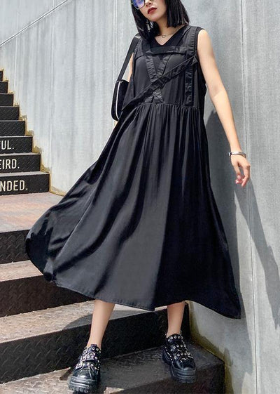 Handmade v neck sleeveless summer clothes For Women Sewing black Dress - SooLinen