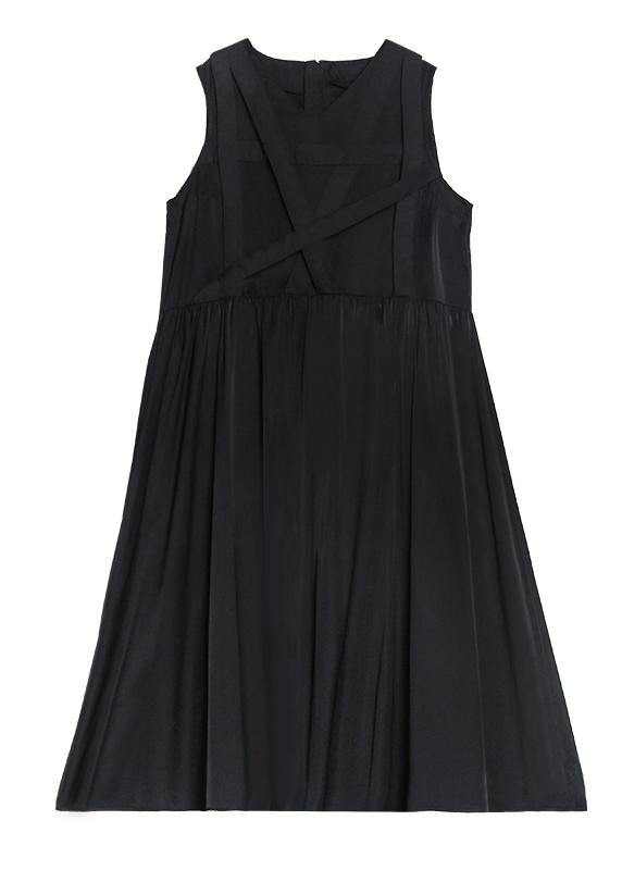 Handmade v neck sleeveless summer clothes For Women Sewing black Dress - SooLinen