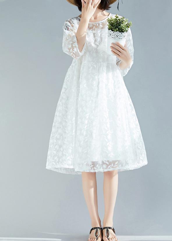 Handmade white dress 2025 o neck Cinched A Line Summer Dresses