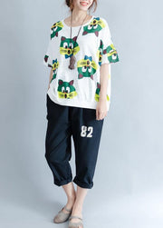Handmade white prints cotton crane tops o neck Art summer shirt - SooLinen