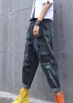 High waist summer nine points embroidery vintage broken hole carrot pants - SooLinen