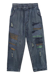 High waist summer nine points embroidery vintage broken hole carrot pants - SooLinen