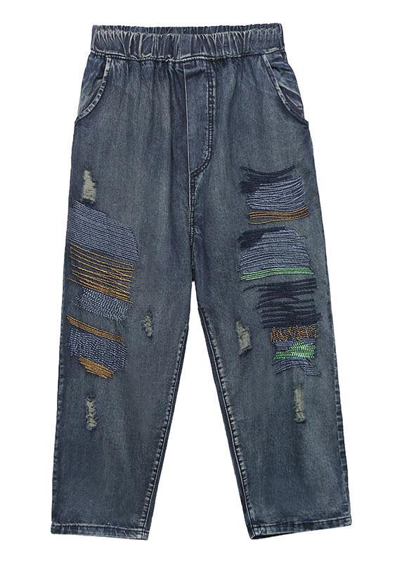 High waist summer nine points embroidery vintage broken hole carrot pants - SooLinen