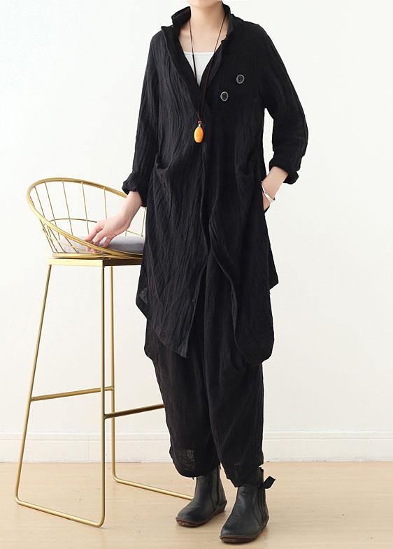 Hot Black Pockets Linen Long Sleeve Spring Trench - SooLinen