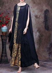 Italian Black Asymmetrical Print Chiffon Top And Wide Leg Pant Two Piece Suit Set Summer