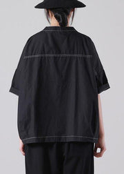 Italian Black Half Sleeve Cotton Shirt Top Summer - SooLinen