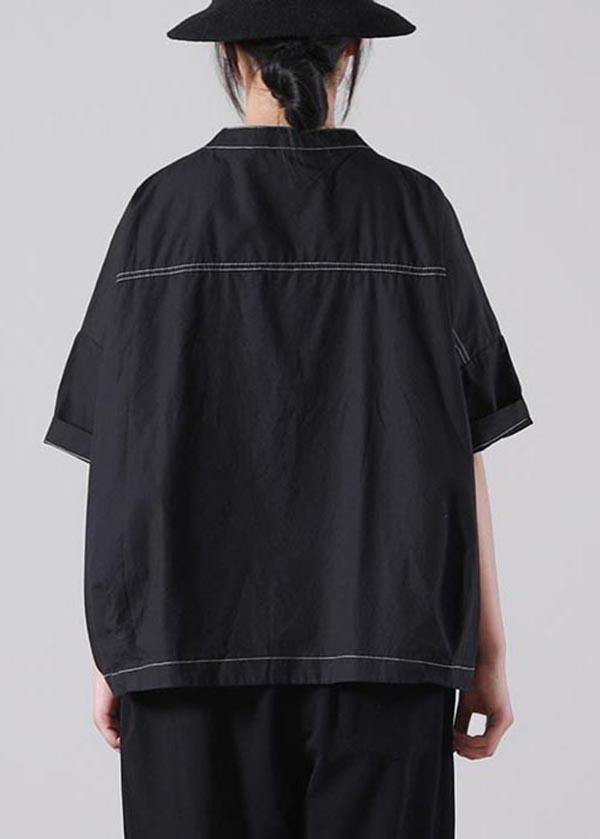 Italian Black Half Sleeve Cotton Shirt Top Summer - SooLinen