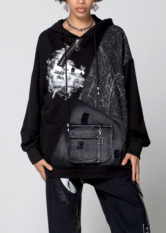Italian Black Hooded Patchwork Cotton Loose Sweatshirts Top Spring