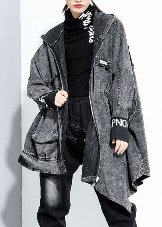 Italienischer schwarzer asymmetrischer Denim-Mantel mit Kapuze Frühling